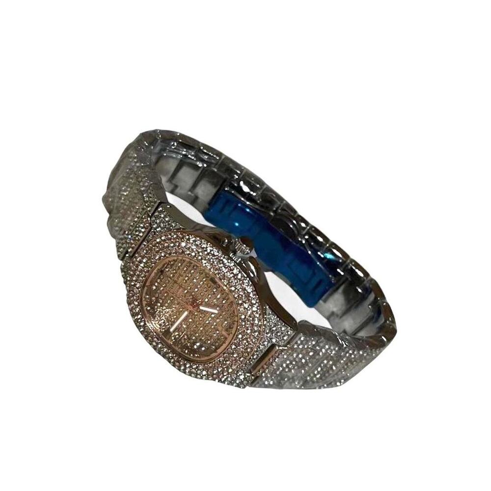 Iced Out Round Dial Luxury Watch Blue Face Two Tone Bussdown Style